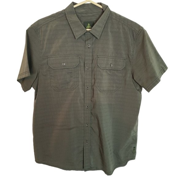 Prana Mens M Green Striped Short Sleeves Button Up Shirt Pockets Casual Collared - Picture 1 of 7